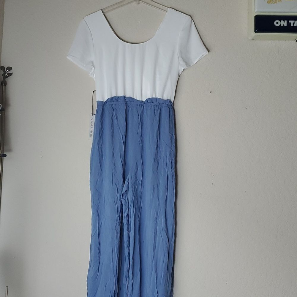 NWT June & Hudson Jumpsuit XL Blue White 2 Tone Wide Leg Colorblock Short Sleeve